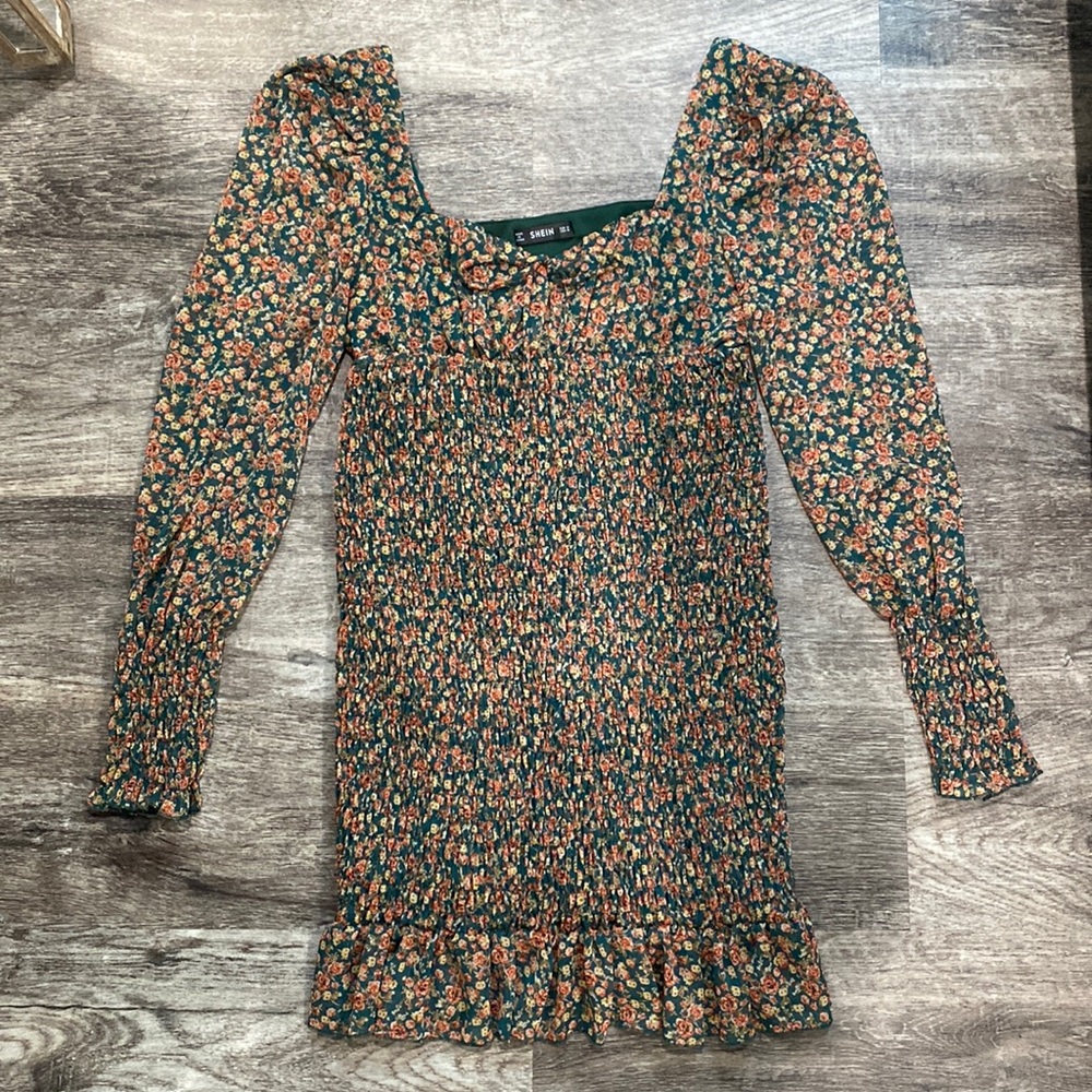 Smocked flowered puff sleeve dress